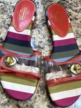 Coach Multicolor Striped Slide Sandals with Gold Turnlock